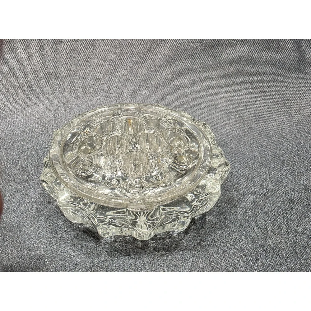 Vintage Clear Pressed Glass Flower Frog and Bowl Set Starburst Pattern 2 Piece